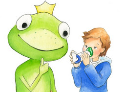 Big frog gives thumbs up while boy inhales asthma spray with spacer and mask