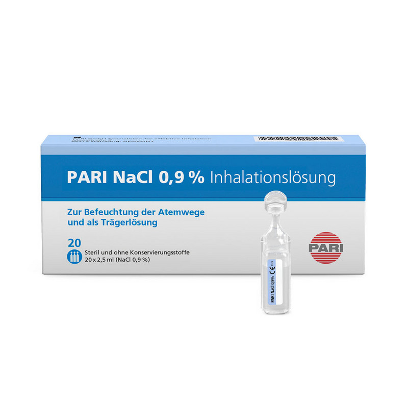Produktabbildung – Die Abbildung zeigt im Vordergrund eine Ampulle mit PARI NaCl 0,9% Inhalationslösung. Im Hintergrund steht die handelsübliche Verpackung, die 20 Ampullen enthält.