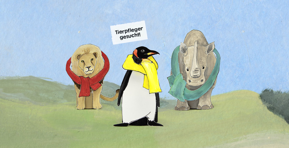 Eine Illustration zeigt eine Tierkollage bestehend aus einem Löwen, einen Pinguin und einem Nashorn.