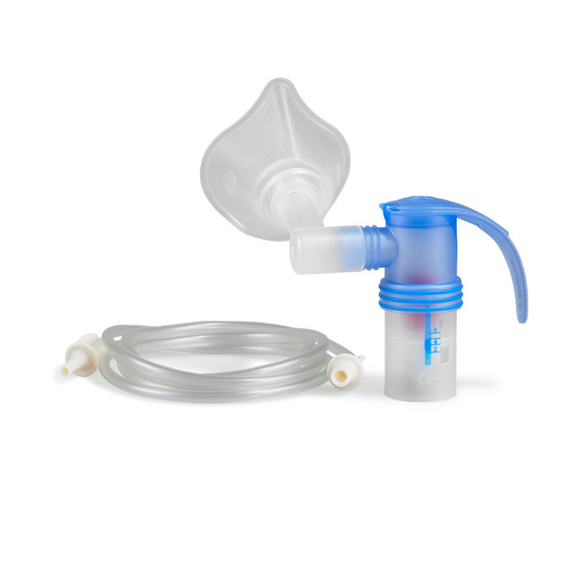 Produktabbildung – Die Abbildung zeigt den PARI LC SPRINT BABY Düsenvernebler mit BABY Maske Größe 3, frei drehbarer BABY Winkel und Anschlussschlauch.