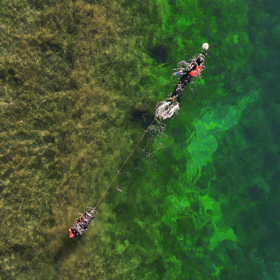 Aufnahme eines Tauchers von oben, der im Wasser schwimmt und einen Rucksack hinter sich herzieht