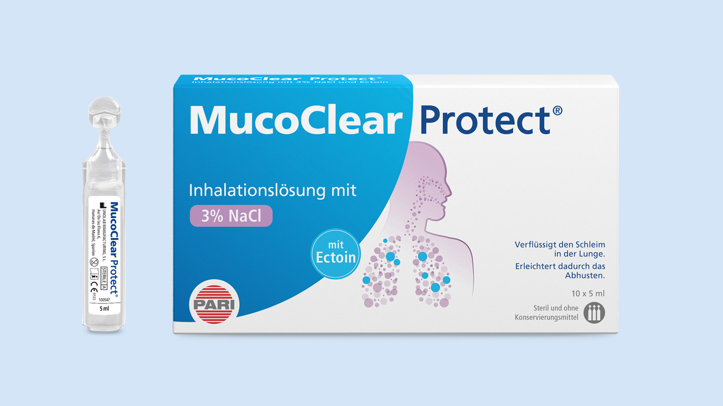 Produktabbildung – MucoClear Protect – Hypertone Salzlösung (3% NaCl) mit Ectoin®. Links neben der 10er Packung steht eine einzelne Ampulle