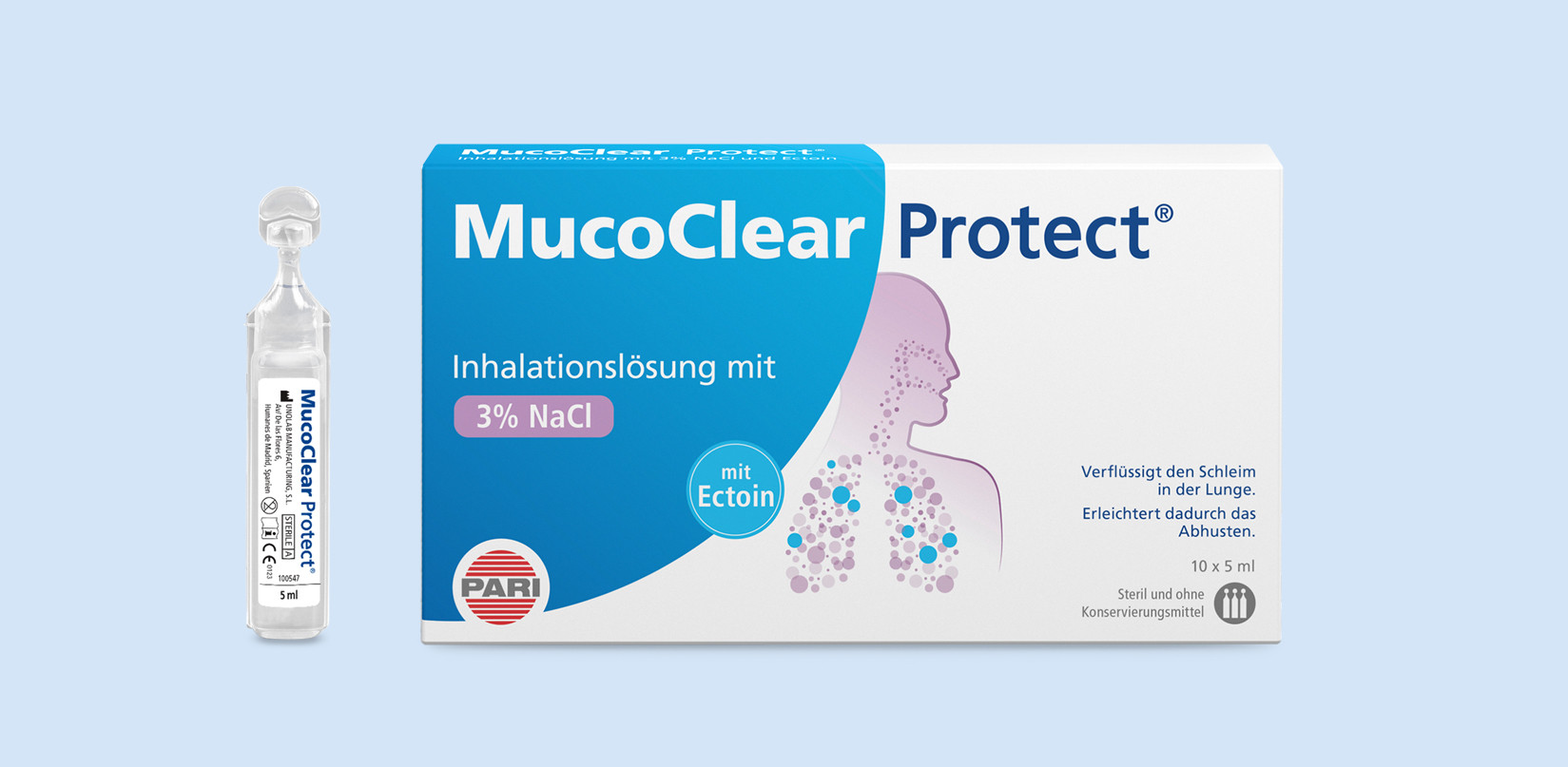 Produktabbildung – MucoClear Protect – Hypertone Salzlösung (3% NaCl) mit Ectoin®. Links neben der 10er Packung steht eine einzelne Ampulle