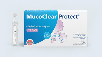 Produktabbildung – MucoClear Protect – Hypertone Salzlösung (3% NaCl) mit Ectoin®. Links neben der 10er Packung steht eine einzelne Ampulle
