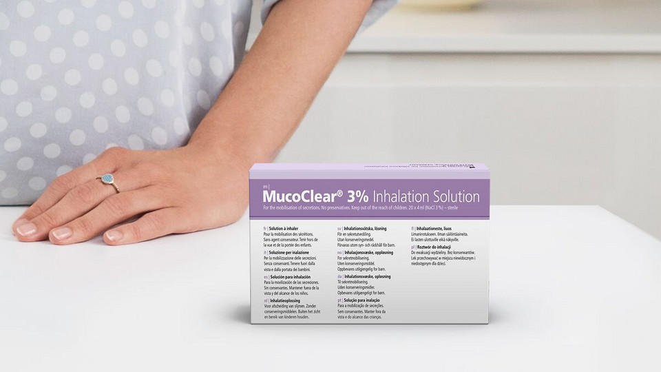 Hypertonic saline solution PARI MucoClear 3% on a table