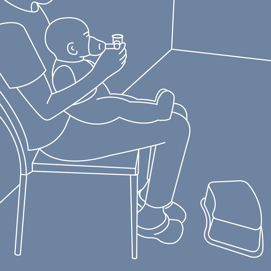 Graphic of a parent sitting on a chair, the baby lying sideways on their lap and inhaling