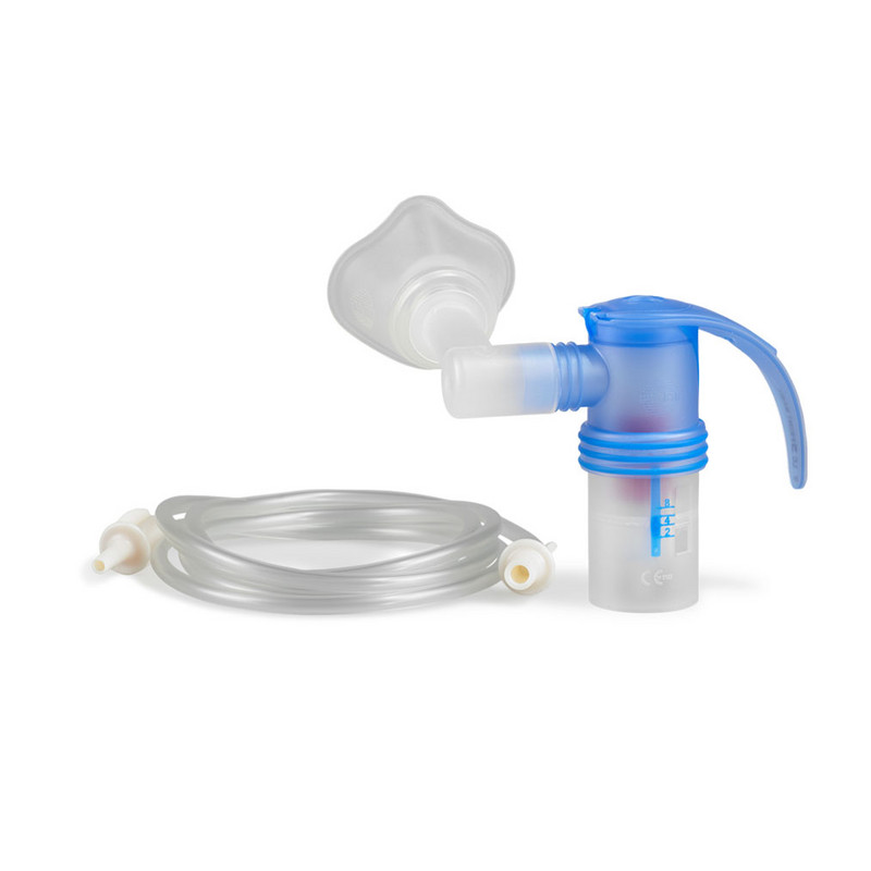 Produktabbildung – Die Abbildung zeigt den PARI LC SPRINT BABY Düsenvernebler mit BABY Maske Größe 1, frei drehbarer BABY Winkel und Anschlussschlauch.