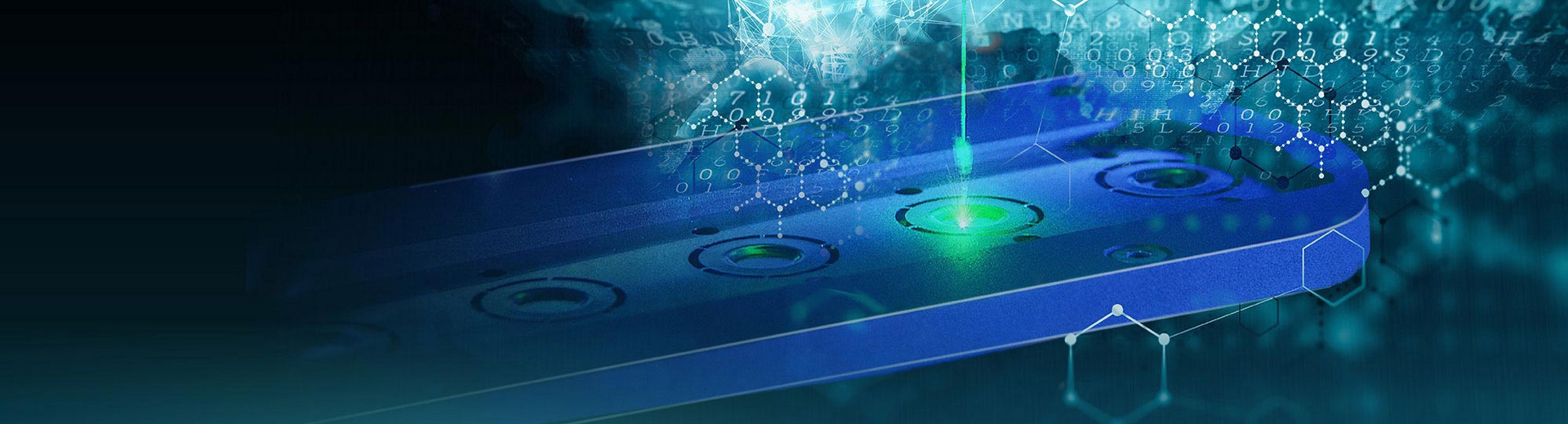 A blue microfluidic device with glowing green light interacts with digital data and molecular structures.