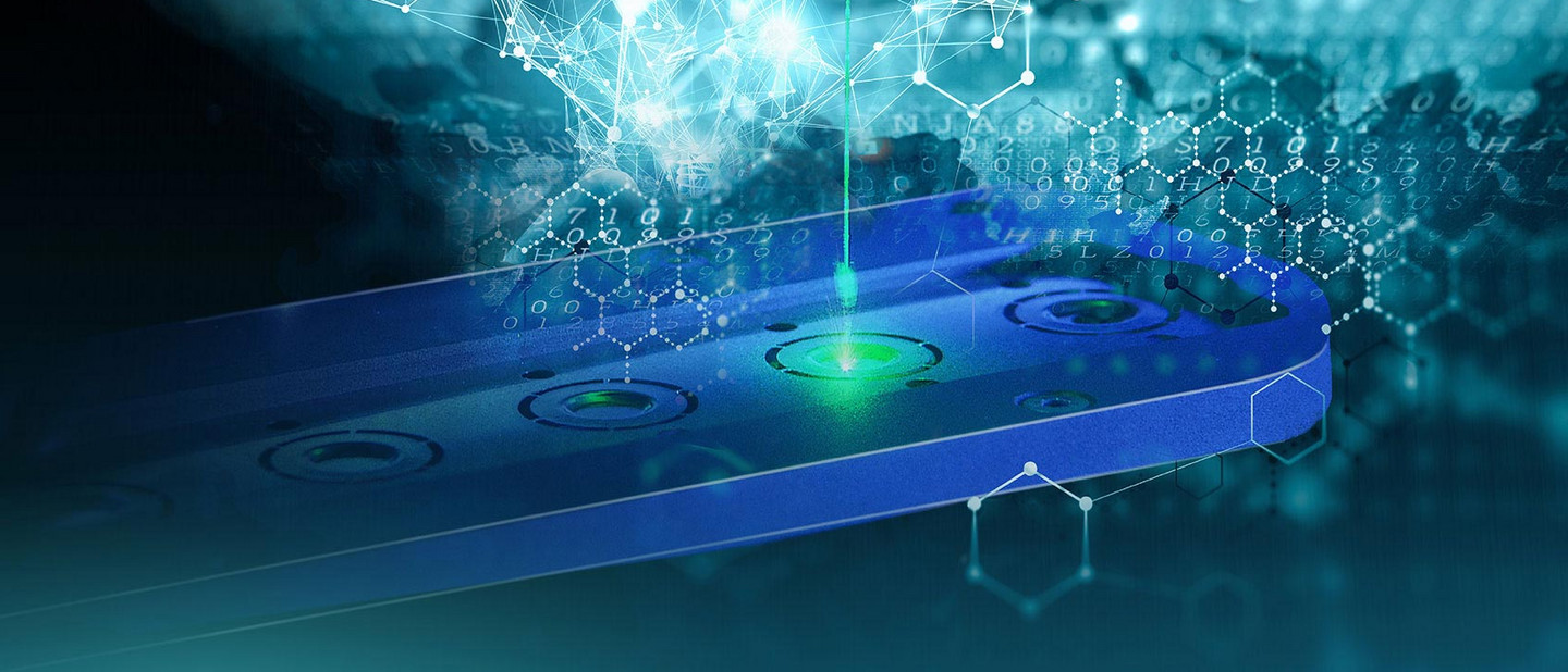 Customization A blue microfluidic device with glowing green light interacts with digital data and molecular structures.