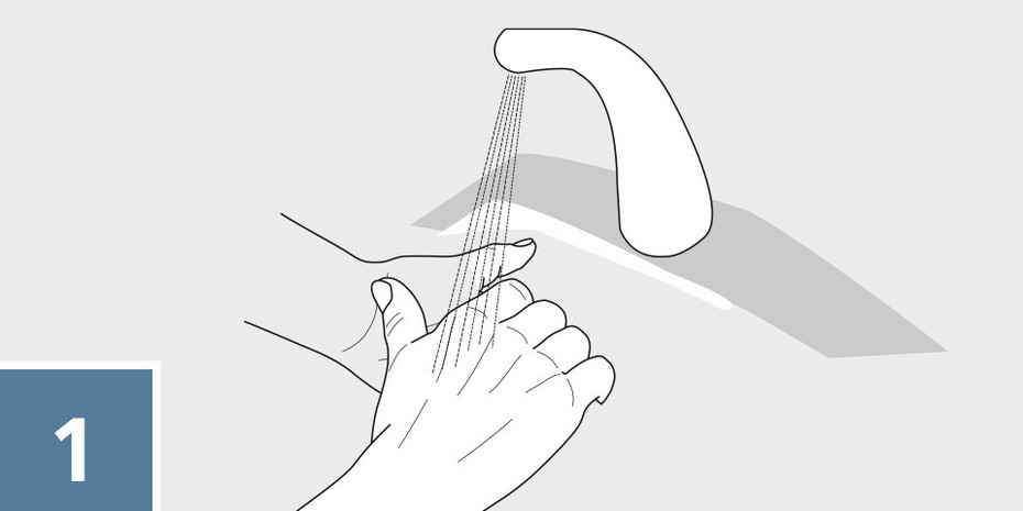 Hands being washed thoroughly under running water from a faucet in a simple illustrated scene.