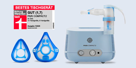 Produktabbildung – PARI COMPACT2 mit PARI LC SPRINT COMPACT Vernebler, PARI Babymaske soft, PARI Kindermaske soft, Mundstück universell und Stiftung Warentest Auszeichnung bestes Tischgerät GUT (1,7) 