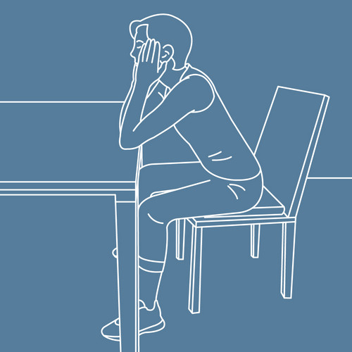 Grafische Darstellung einer Person, die auf einem Stuhl sitzt, die Arme vor sich auf den Tisch abgestützt, den Kopf in den Händen
