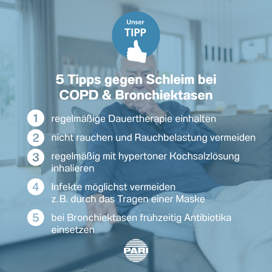 Infografik zu fünf Tipps gegen Schleim bei COPD und Bronchiektasen
