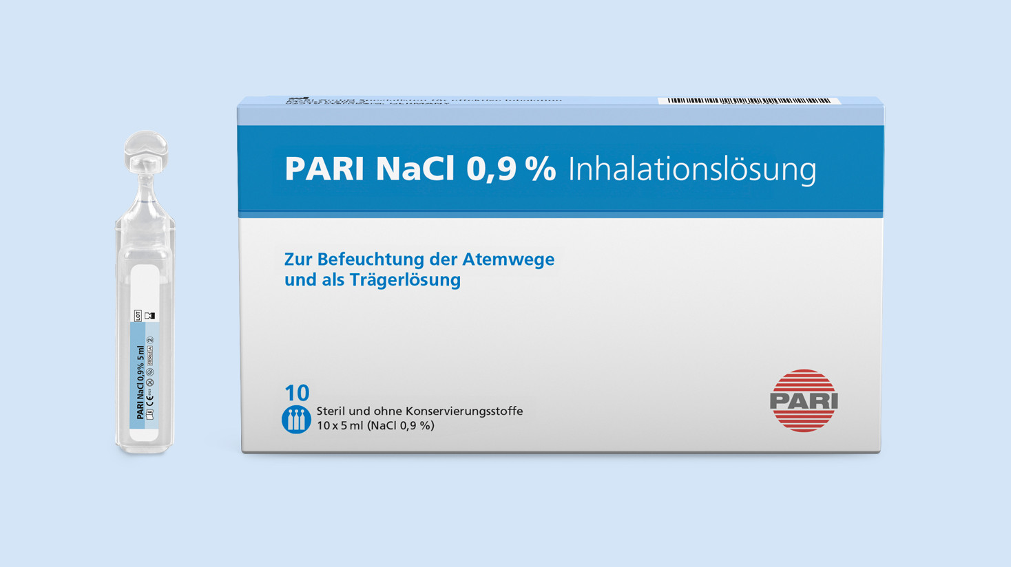 Produktabbildung – PARI NaCl 0,9% Inhalationslösung – Isotone Kochsalzlösung. Links neben der 10er Packung steht eine einzelne Ampulle