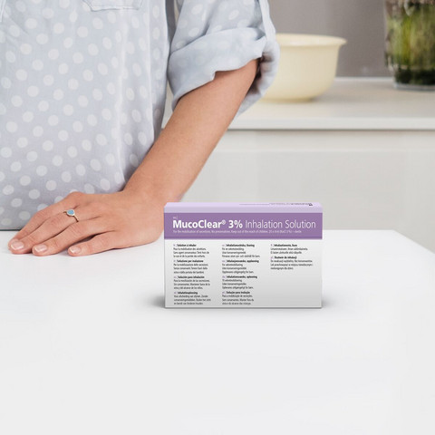 Hypertonic saline solution PARI MucoClear 3% on a table