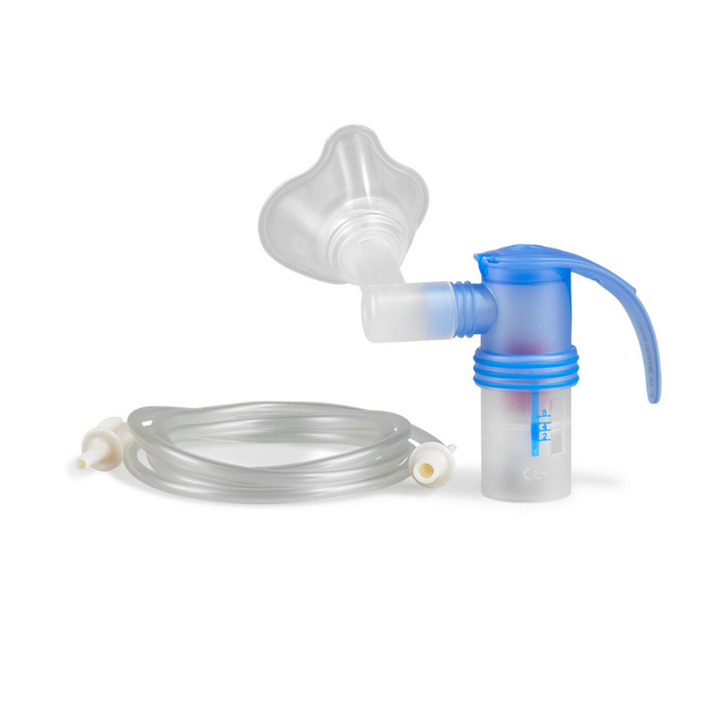 Produktabbildung – Die Abbildung zeigt den PARI LC SPRINT BABY Düsenvernebler mit BABY Maske Größe 2, frei drehbarer BABY Winkel und Anschlussschlauch.