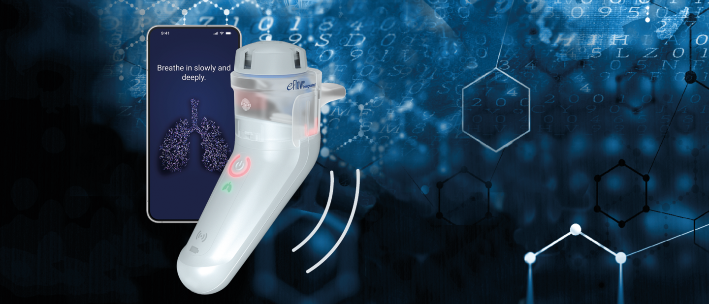 A PARI inhaler and a smartphone displaying breathing instructions are overlaid with digital data, molecular structures, and abstract blue patterns.