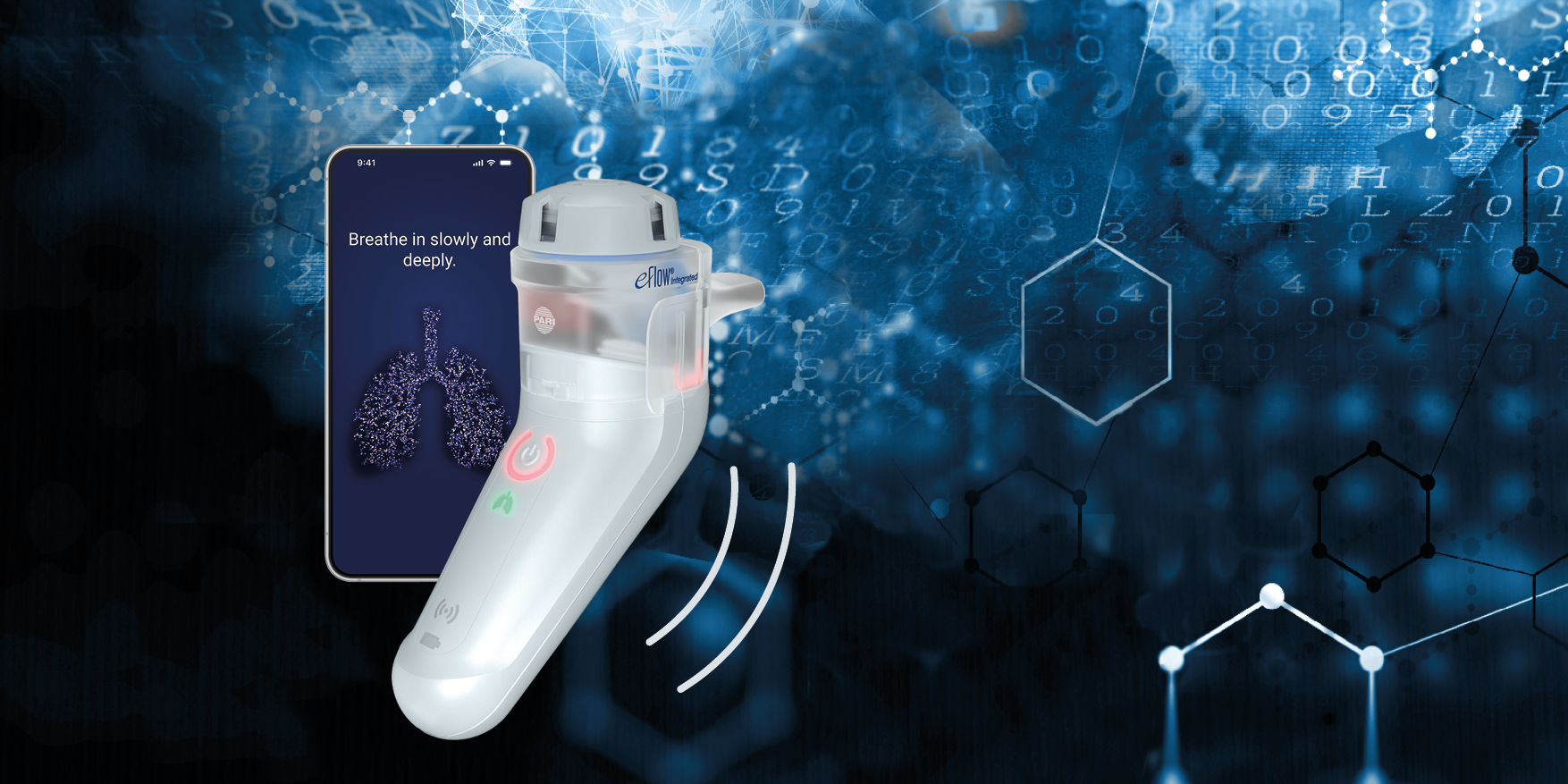 A PARI inhaler and a smartphone displaying breathing instructions are overlaid with digital data, molecular structures, and abstract blue patterns.