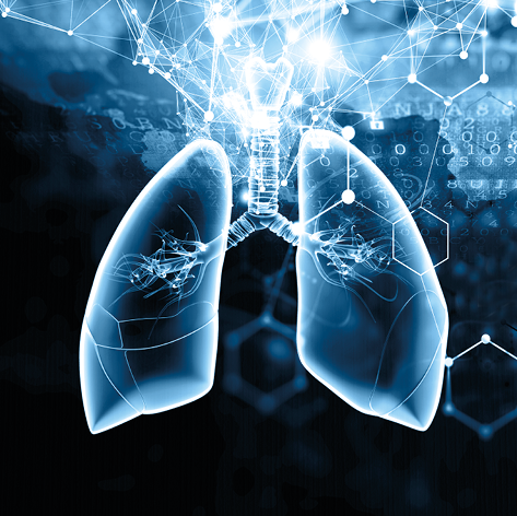 Digital illustration of lungs with connected data structures and technical graphics