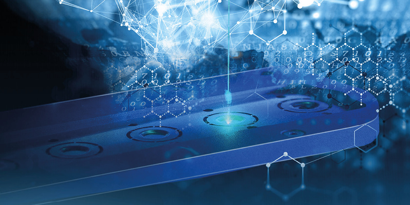 A blue microfluidic device with glowing green light interacts with digital data and molecular structures.
