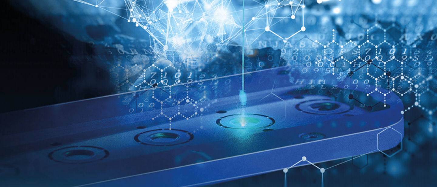 A blue microfluidic device with glowing green light interacts with digital data and molecular structures.
