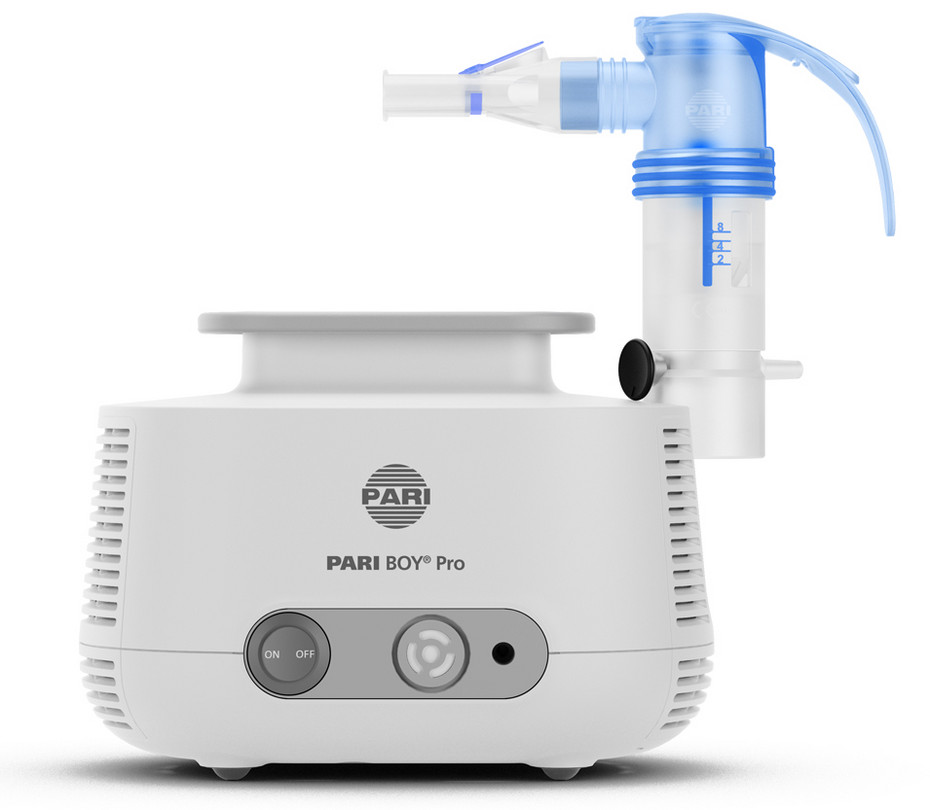 Produktabbildung – Die Abbildung zeigt den PARI BOY Pro mit aufgestecktem PARI LC SPRINT Vernebler und LC Unterbrecher