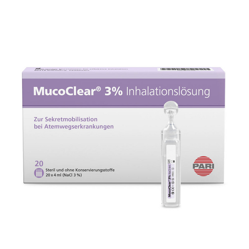Produktabbildung – Die Abbildung zeigt im Vordergrund eine Ampulle mit MucoClear 3% Inhalationslösung. Im Hintergrund steht die handelsübliche Verpackung, die 20 Ampullen enthält.