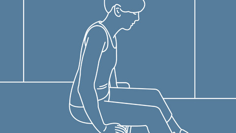 Grafische Darstellung einer Person, die breitbeinig auf der Bettkante sitzt, die Arme neben dem Oberkörper aufs Bett gestützt, leicht nach vorne gelehnt 