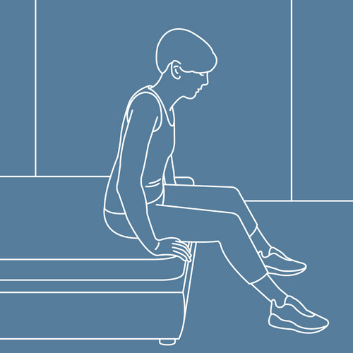 Graphic representation of a person sitting on the edge of the bed with legs apart and body slightly bent forwards