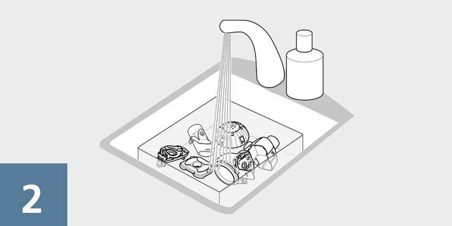 Grau‑weiße Illustration mit der Ziffer 2 zeigt ein Waschbecken, in dem Teile eines auseinandergebauten Verneblers unter fließendem Wasser gereinigt werden.