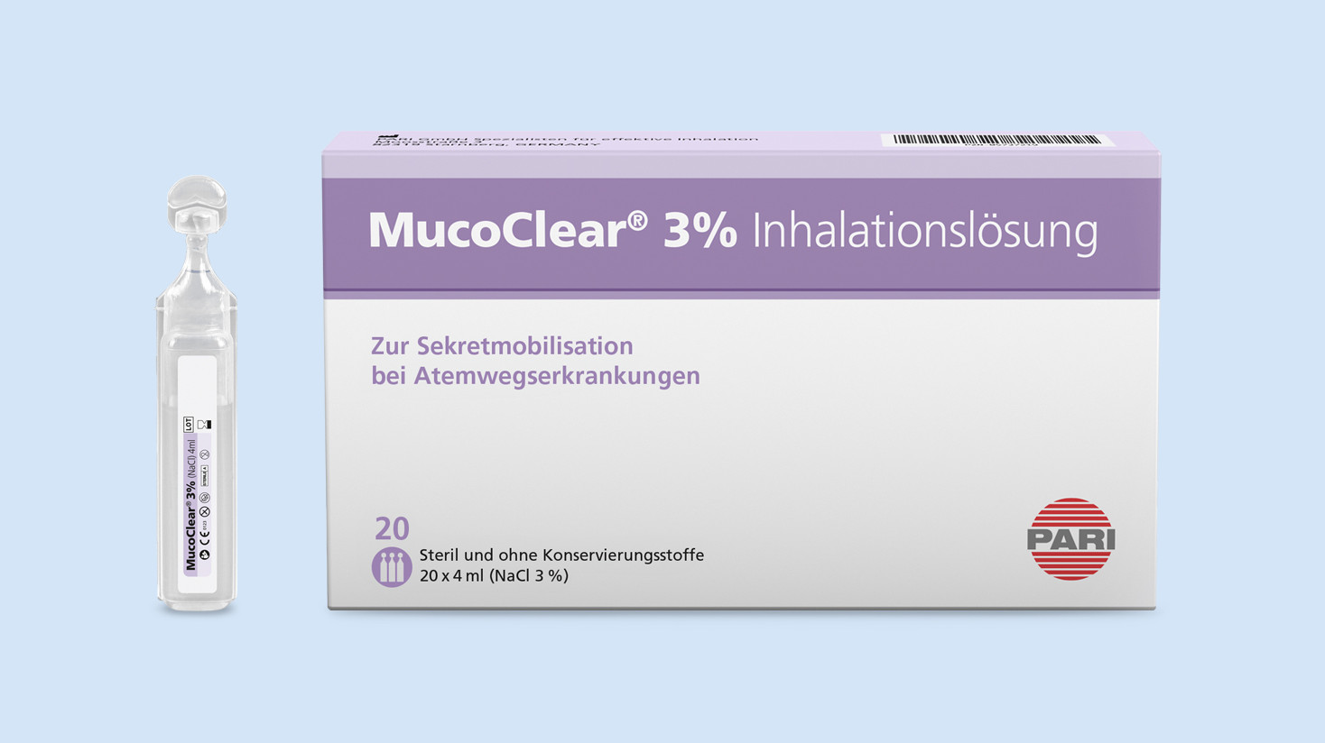 Produktabbildung – MucoClear 3% Inhalationslösung – Hypertone Kochsalzlösung. Links neben der 20er Packung steht eine einzelne Ampulle