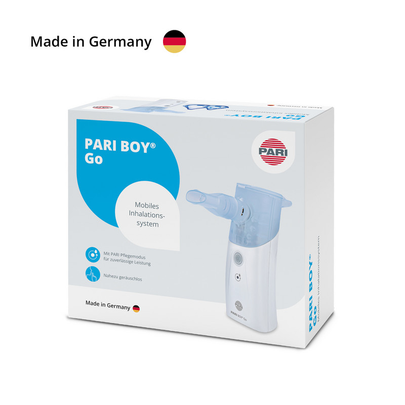 Packaging of the PARI BOY Go mobile inhalation system with product image and “Made in Germany” notice.