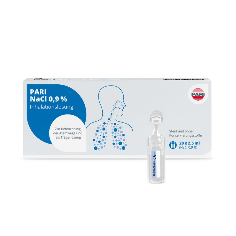 Illustration du produit – L'illustration montre au premier plan une ampoule de solution pour inhalation PARI NaCl 0,9 %. À l'arrière-plan se trouve l'emballage disponible dans le commerce, qui contient 20 ampoules.