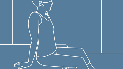 Grafische Darstellung einer Person, die breitbeinig auf der Bettkante sitzt, die Arme neben dem Oberkörper aufs Bett gestützt, leicht nach hinten gelehnt