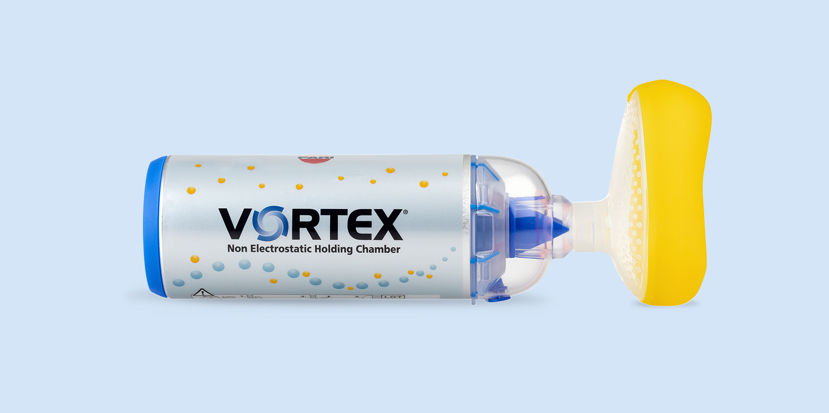 Produktabbildung: VORTEX Inhalierhilfe mit Kindermaske (gelb), freigestellt vor hellem Hintergrund.