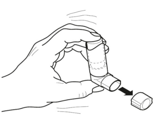 Schematische Hand schüttelt Asthmaspray, Deckel wird abgenommen