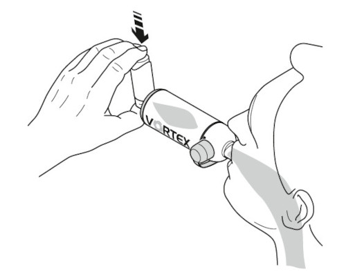 Schematische Darstellung, wie Mensch Asthmaspray mit Spacer inhaliert