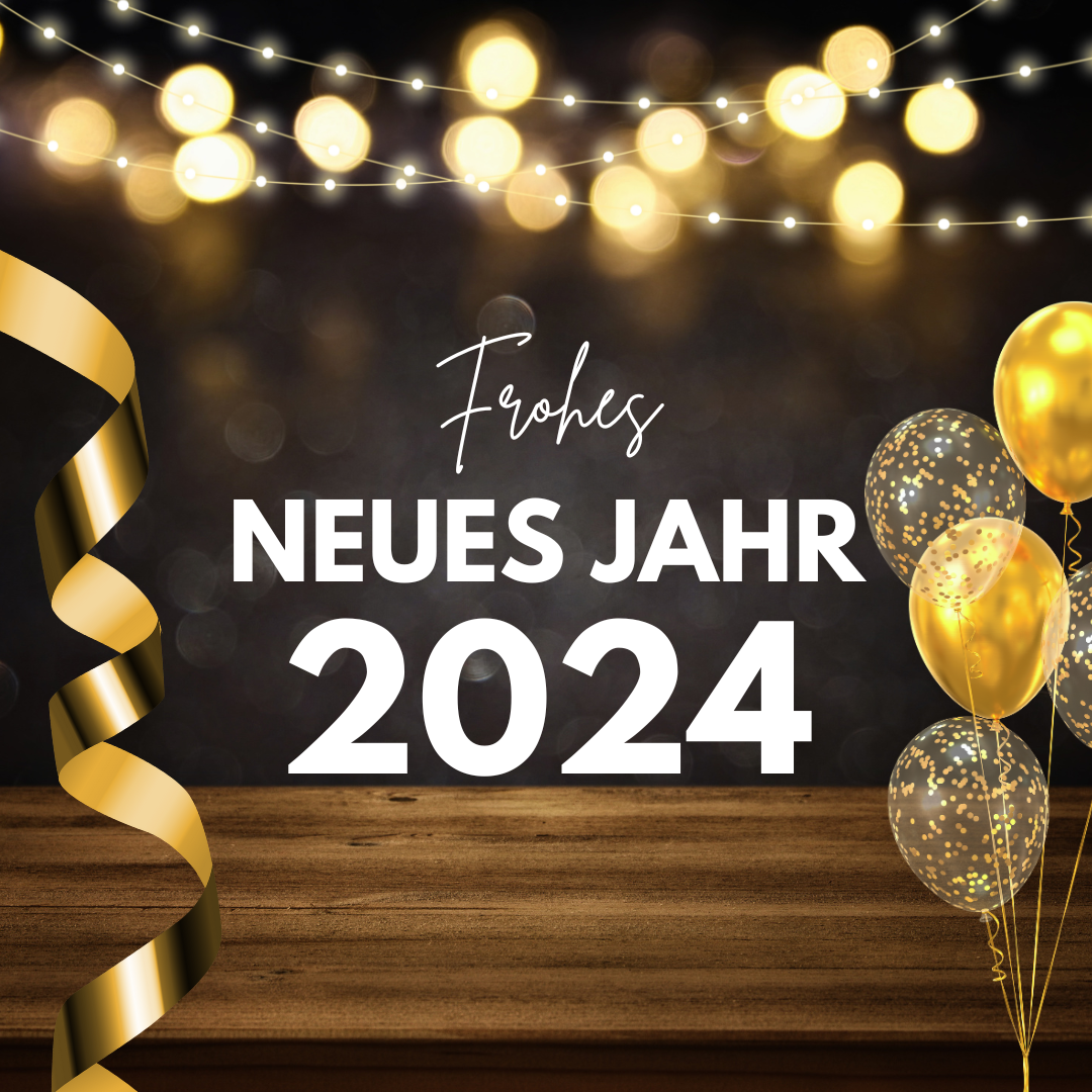Grafik mit Luftballons, Lichtern und Luftschlange, in der Mitte steht: Frohes neues Jahr 2024
