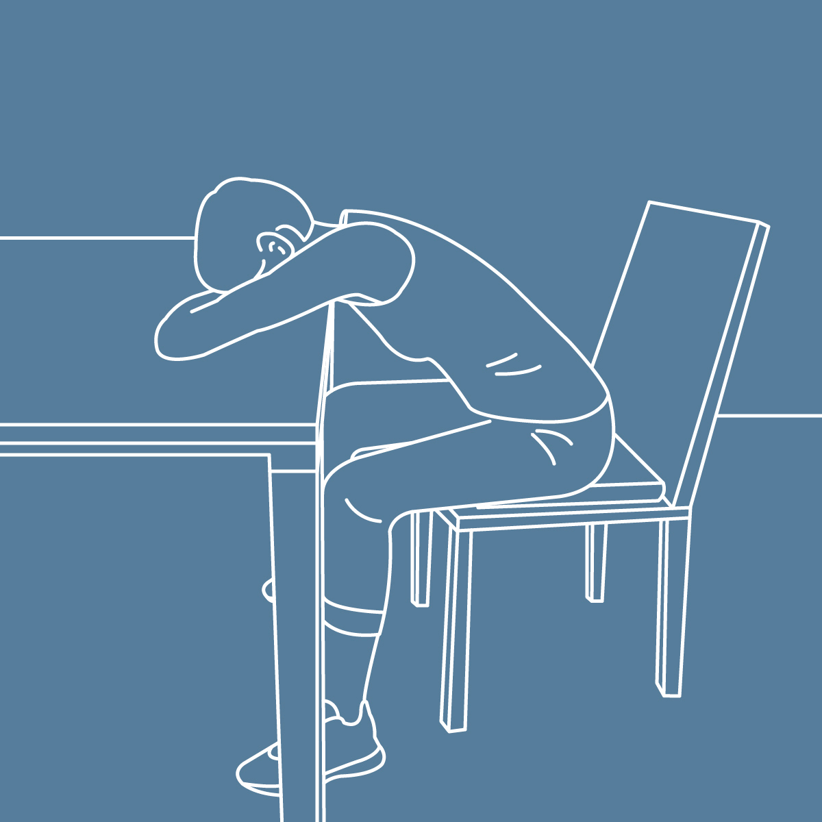Grafische Darstellung einer Person, die auf einem Stuhl sitzt, die Arme vor sich auf den Tisch gelegt und den Kopf darauf abgelegt