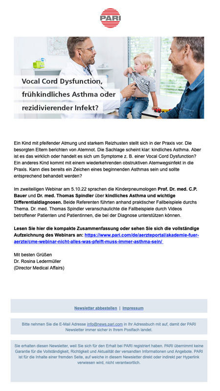 Beispiel-Newsletter "Vocal Cord Dysfunction, frühkindliches Asthma oder rezidivierender Infect?"