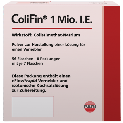 Produktabbildung – Die Abbildung zeigt die Verpackung der ColiFin 1Mio I.E. Inhalationslösung