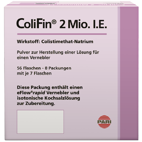 Produktabbildung – Die Abbildung zeigt die Verpackung der ColiFin 2Mio I.E. Inhalationslösung