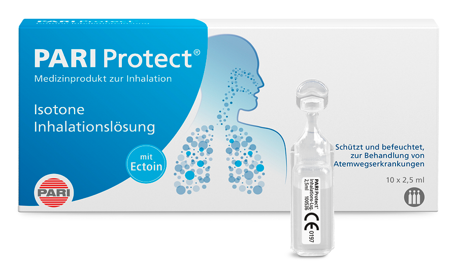 Produktabbildung – Die Abbildung zeigt im Vordergrund eine Ampulle mit PARI Protect Inhalationslösung. Im Hintergrund steht die handelsübliche Verpackung, die 10 Ampullen enthält.