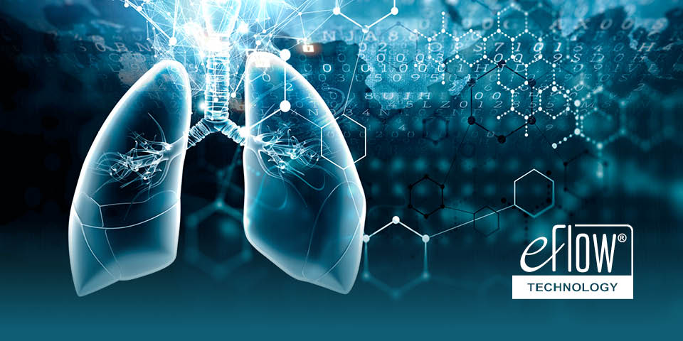 Illustration einer menschlichen Lunge in leuchtendem Blau, umgeben von digitalen Netzwerken, leuchtenden Knotenpunkten und abstrakten Datenmustern.