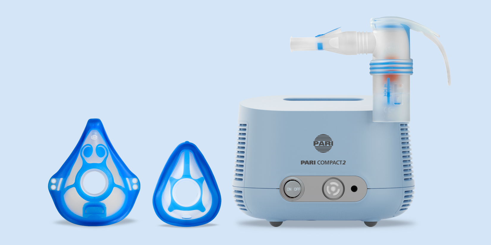 Product image - PARI COMPACT2 with PARI LC SPRINT COMPACT nebuliser, PARI baby mask soft, PARI children's mask soft, universal mouthpiece