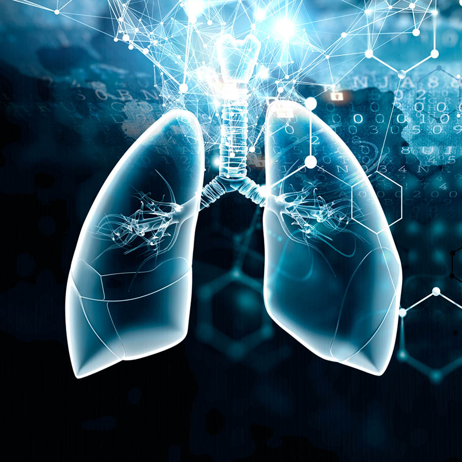 Illustration of a human lung in bright blue, surrounded by digital networks, luminous nodes and abstract data patterns. The lungs are shown in detail, with the bronchial structure visible. The ‘eFlow® TECHNOLOGY’ logo is located in the bottom right-hand corner.