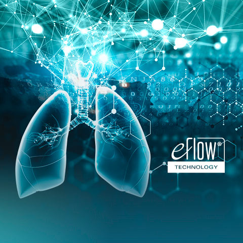 Illustration of a human lung in bright blue, surrounded by digital networks, luminous nodes and abstract data patterns. The lungs are shown in detail, with the bronchial structure visible. The ‘eFlow® TECHNOLOGY’ logo is located in the bottom right-hand corner.